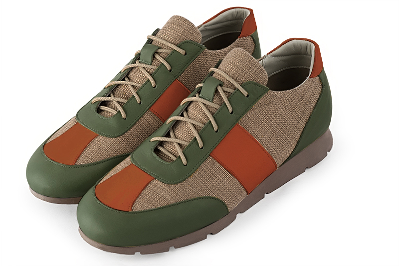 Forest green, caramel brown and terracotta orange two-tone dress sneakers for men. Round toe. Flat rubber soles - Florence KOOIJMAN